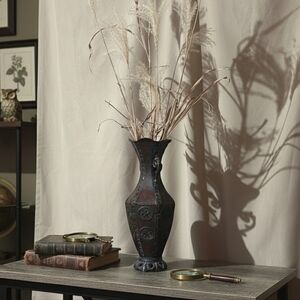 Antique Dark Brown Red and Teal Oxidation  Metal Vase with Intricate Design